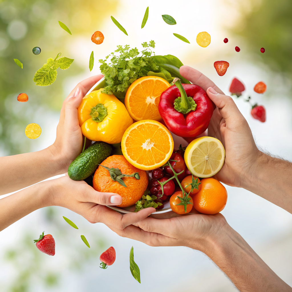 Bàn tay nâng niu rau củ và trái cây tươi — nguồn vitamin tự nhiên hỗ trợ sức khỏe